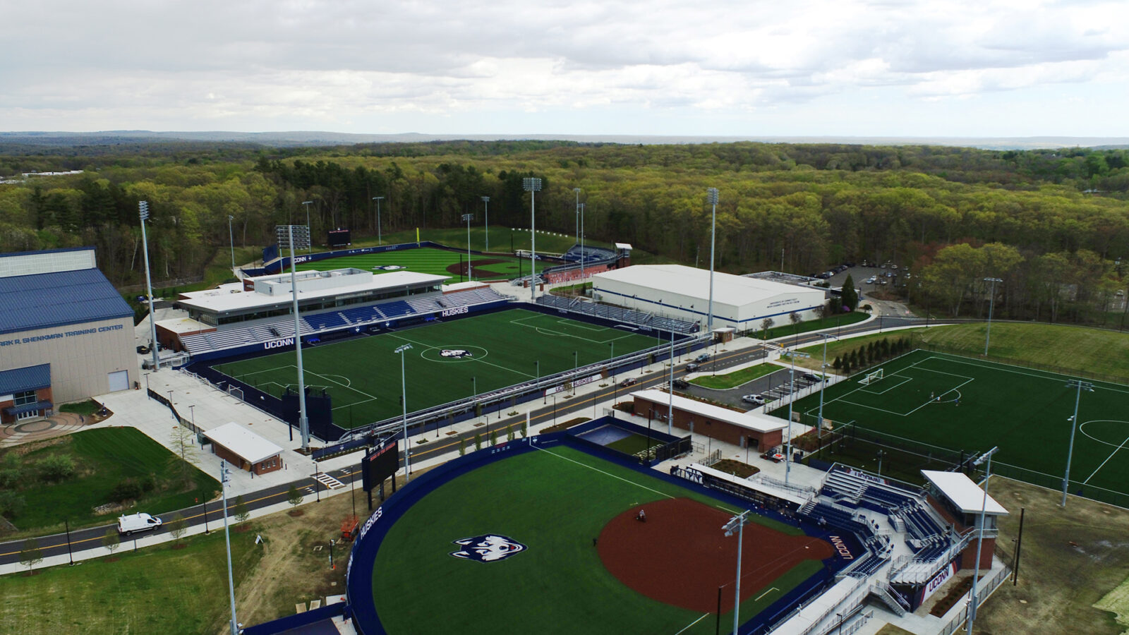 An aerial view of the Husky Athletic Village, including the baseball field.