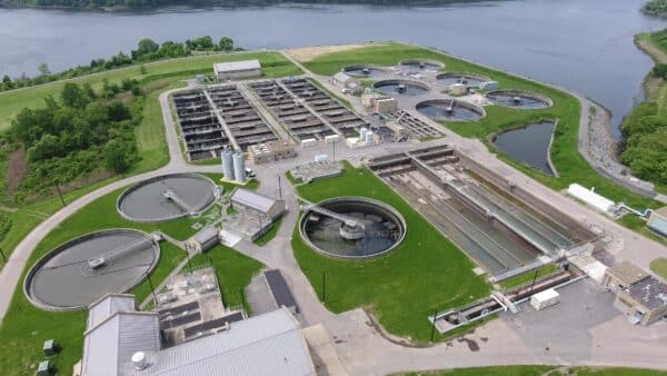 Wastewater treatment facility storage and treatment tanks.