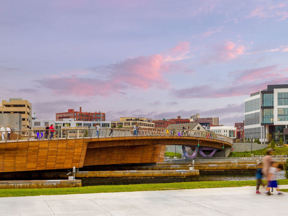 The Michael S. Van Leesten Memorial Bridge crosses a body of water.