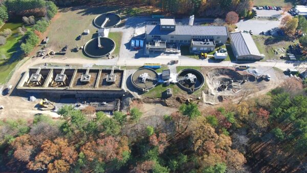Aerial view of a water treatment facility.