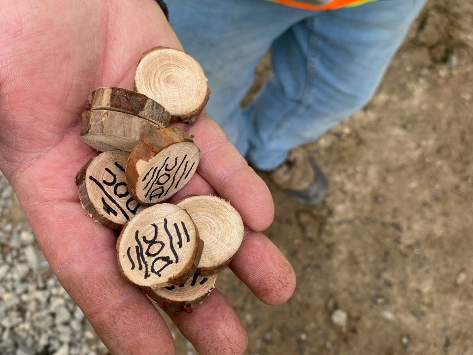 A man demonstrates his commitment to safety by holding a bunch of wood slices in his hand.