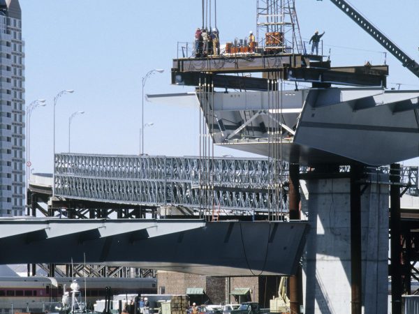 A historical bridge is under construction.